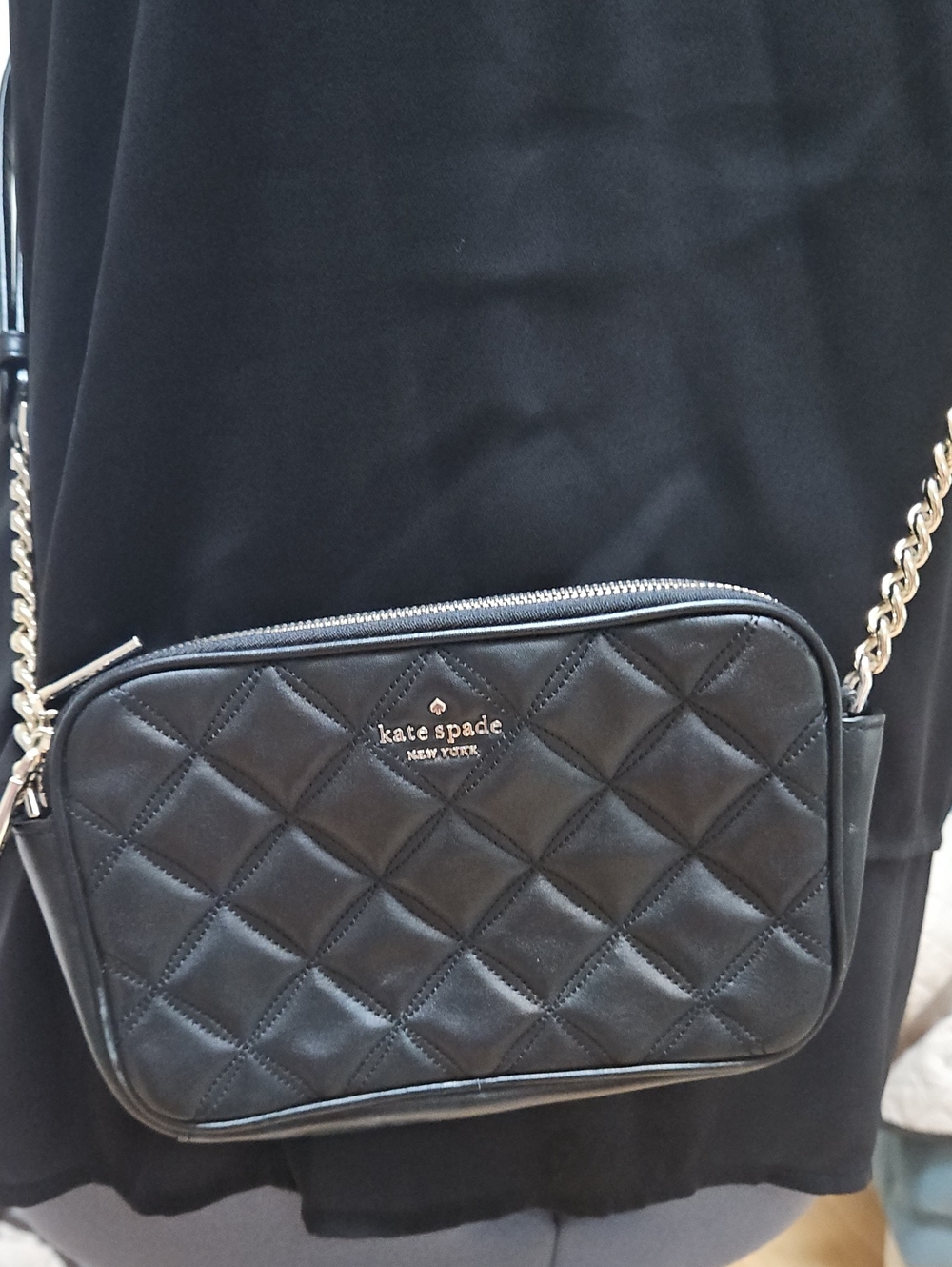 kate spade Black Quilted Leather Crossbody with Chain And Leather Strap